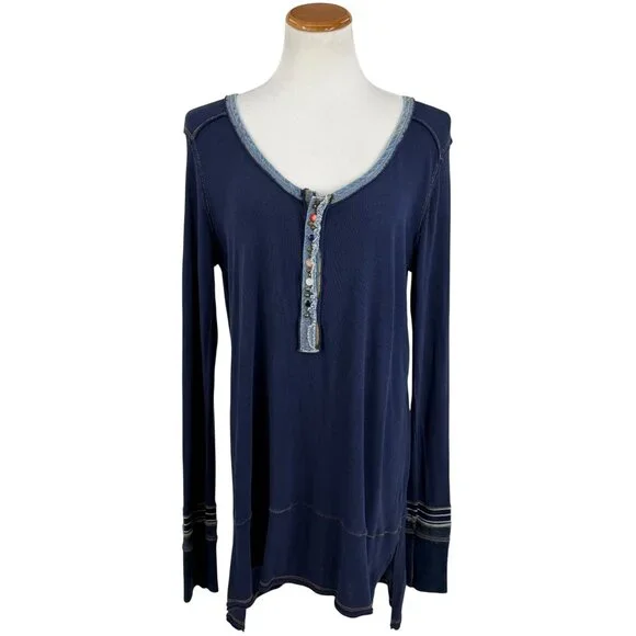 Free People Blue Slouchy Exposed Stitch Embellished Henley Top | Boho Grunge S - Picture 3 of 16